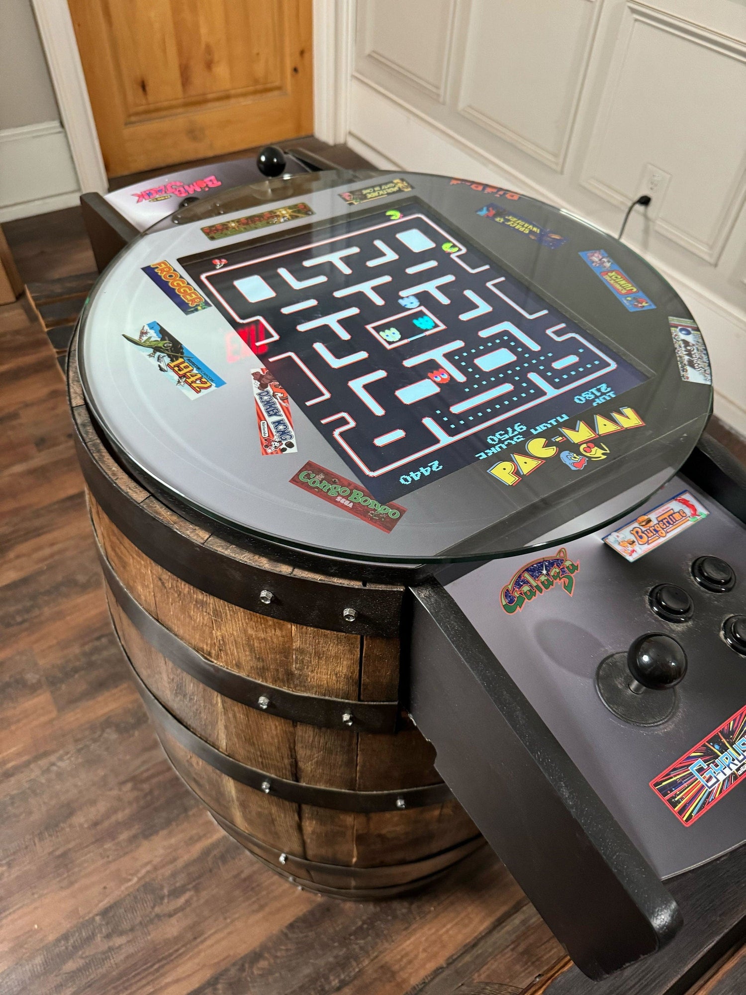 Bourbon Barrel Arcade Table - 60 Retro 8 bit Games Included - 10th Mountain Whiskey