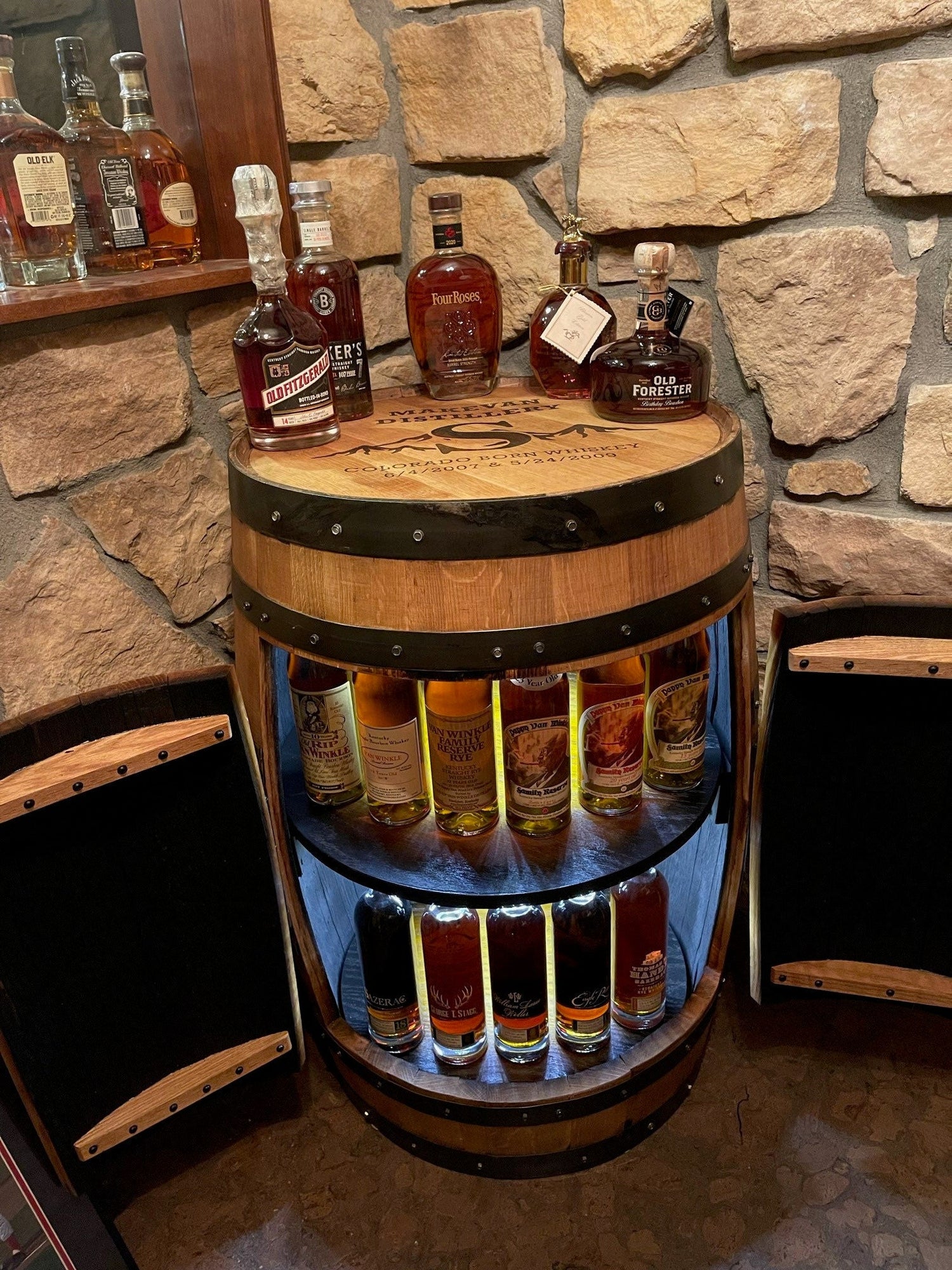 Bourbon Barrel Cabinet with multicolor LED's - engraving available - 10th Mountain Whiskey