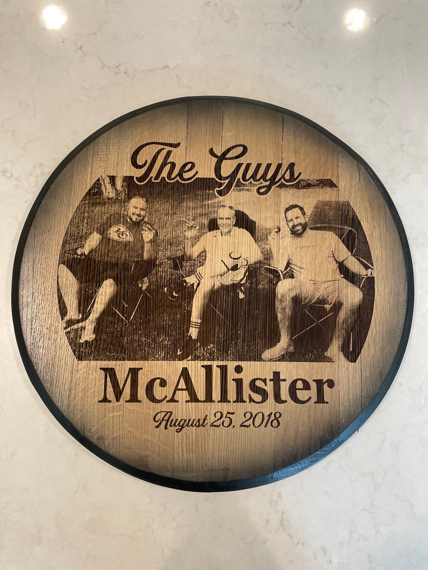 Custom Commemorative Photo Engraved Whiskey Barrel Head - 10th Mountain Whiskey