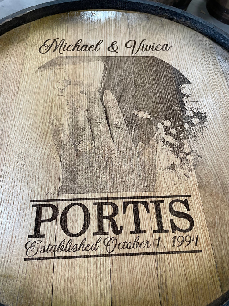 Custom Commemorative Photo Engraved Whiskey Barrel Head - 10th Mountain Whiskey