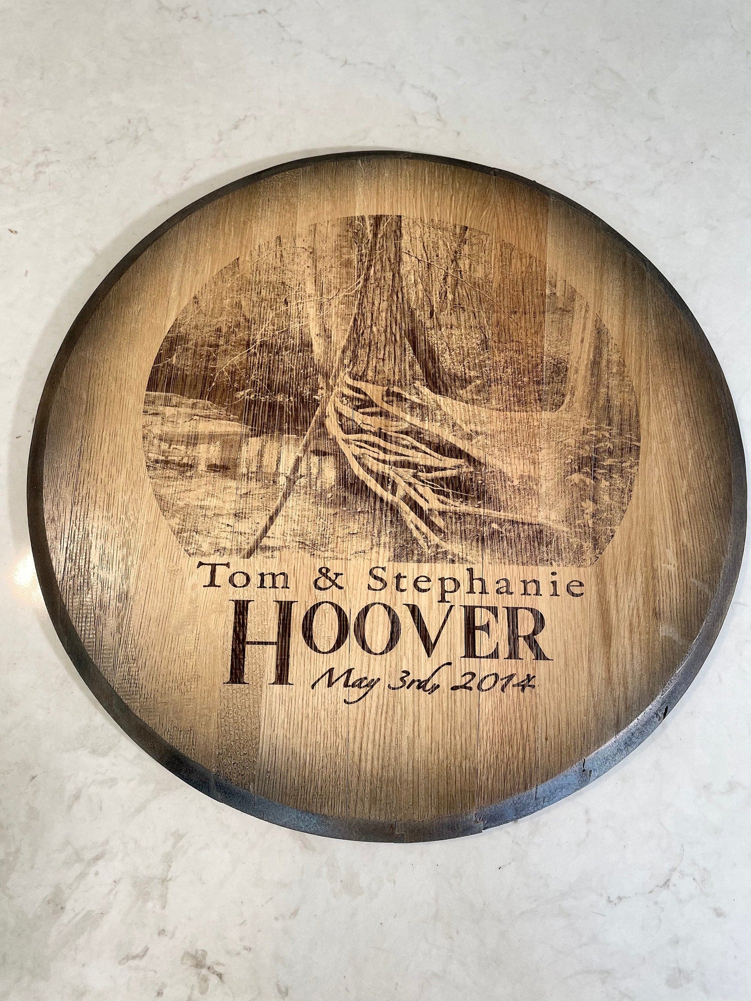 Custom Commemorative Photo Engraved Whiskey Barrel Head - 10th Mountain Whiskey