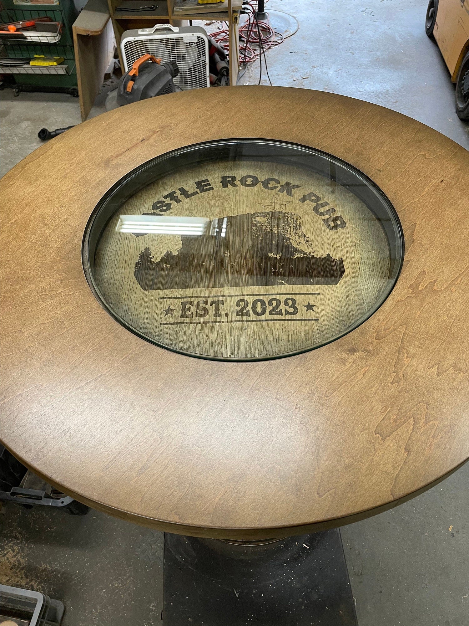 Custom made Bourbon Barrel Bistro/Pub Table Table with cabinet base and glass insert - Custom designed laser engraving available - 10th Mountain Whiskey