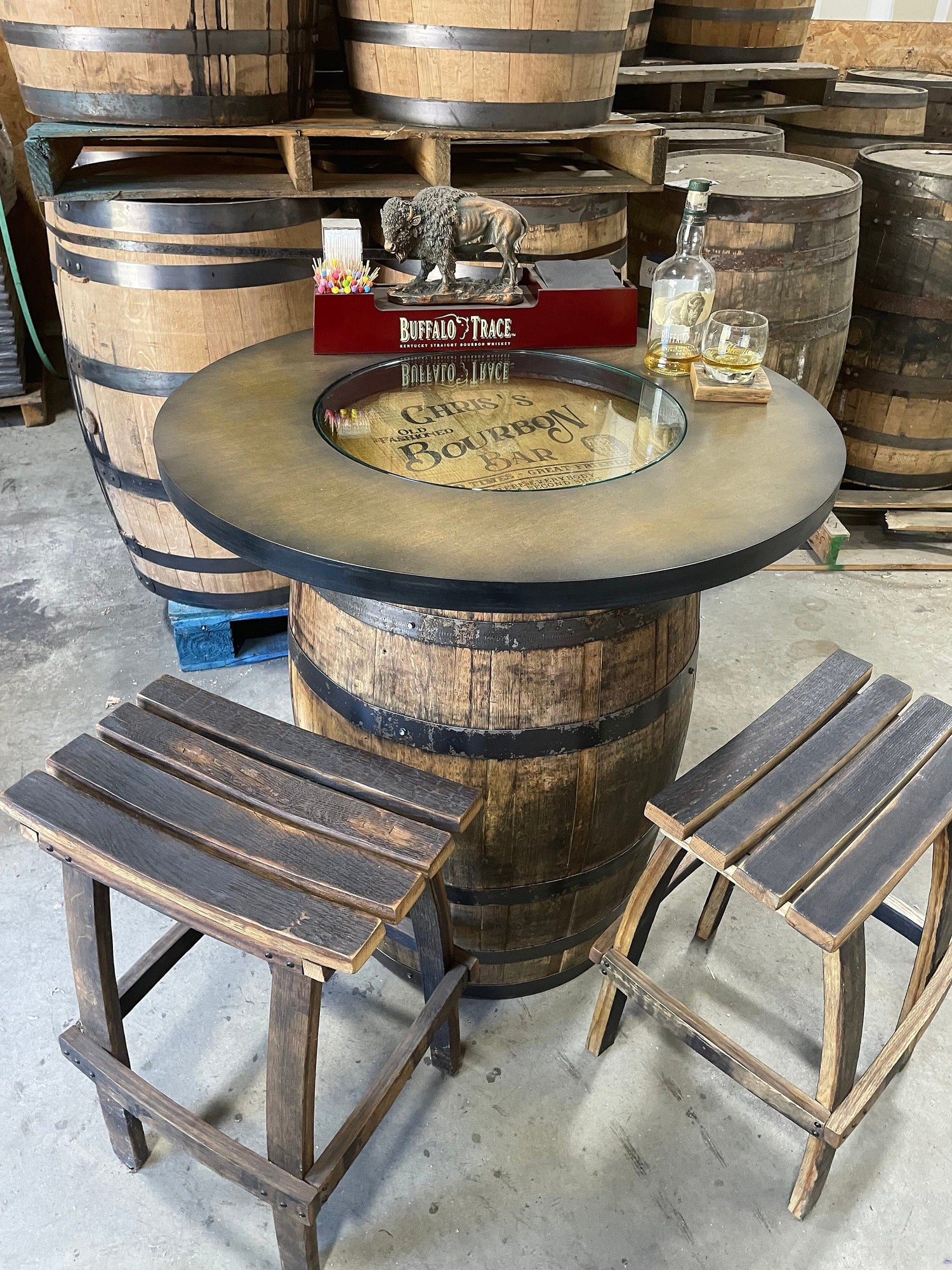 Custom made Bourbon Barrel Bistro/Pub Table Table with cabinet base and glass insert - Custom designed laser engraving available - 10th Mountain Whiskey