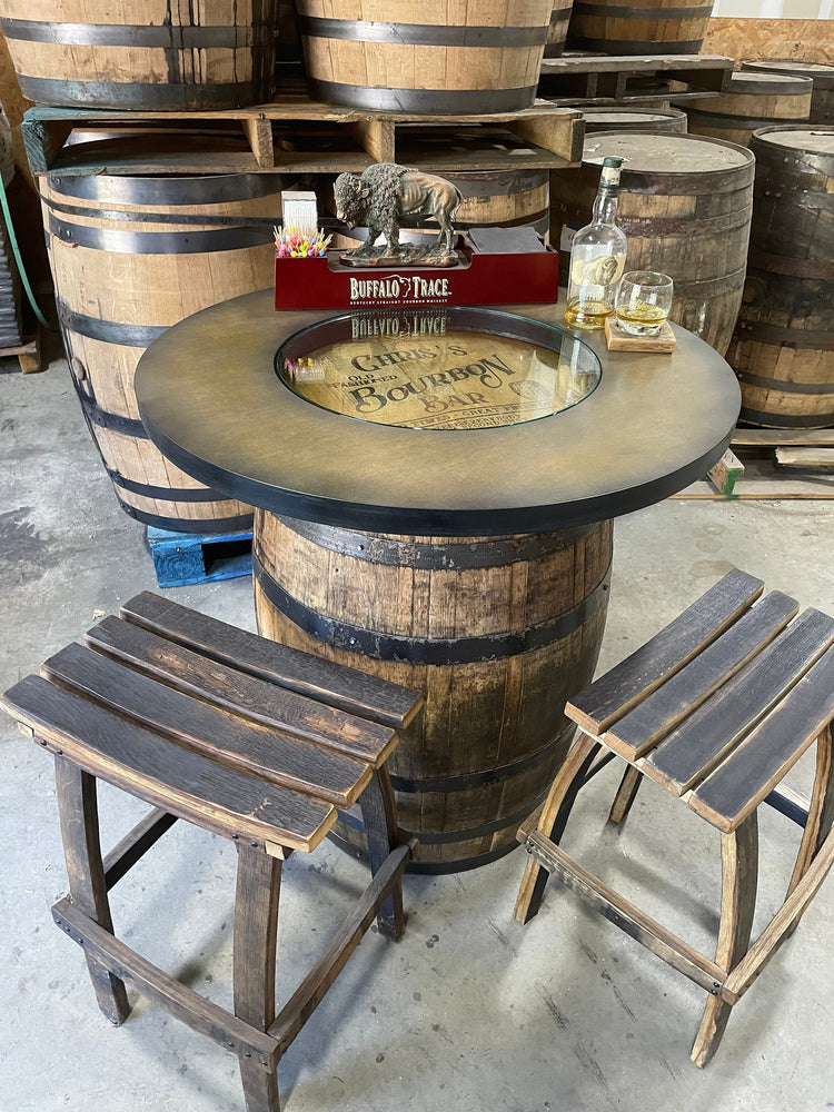 Custom made Bourbon Barrel Bistro/Pub Table Table with cabinet base and glass insert - Custom designed laser engraving available - 10th Mountain Whiskey