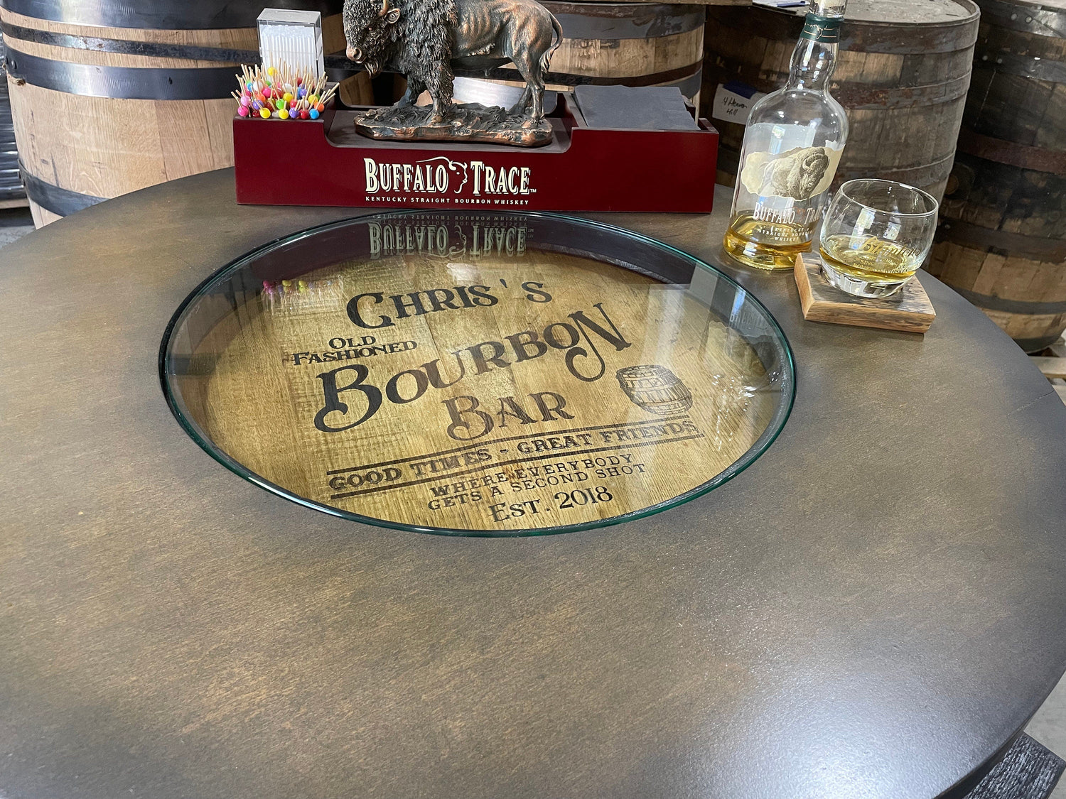 Custom made Bourbon Barrel Bistro/Pub Table Table with cabinet base and glass insert - Custom designed laser engraving available - 10th Mountain Whiskey