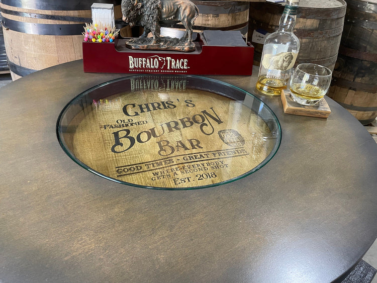 Custom made Bourbon Barrel Bistro/Pub Table Table with cabinet base and glass insert - Custom designed laser engraving available - 10th Mountain Whiskey