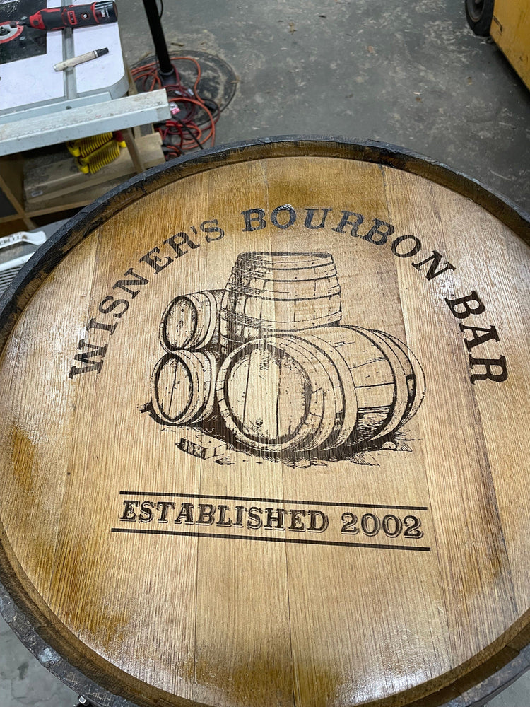 Custom made Bourbon Barrel Bistro/Pub Table Table with cabinet base and glass insert - Custom designed laser engraving available - 10th Mountain Whiskey