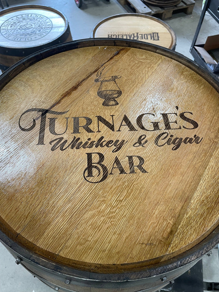 Custom made Bourbon Barrel Bistro/Pub Table Table with cabinet base and glass insert - Custom designed laser engraving available - 10th Mountain Whiskey