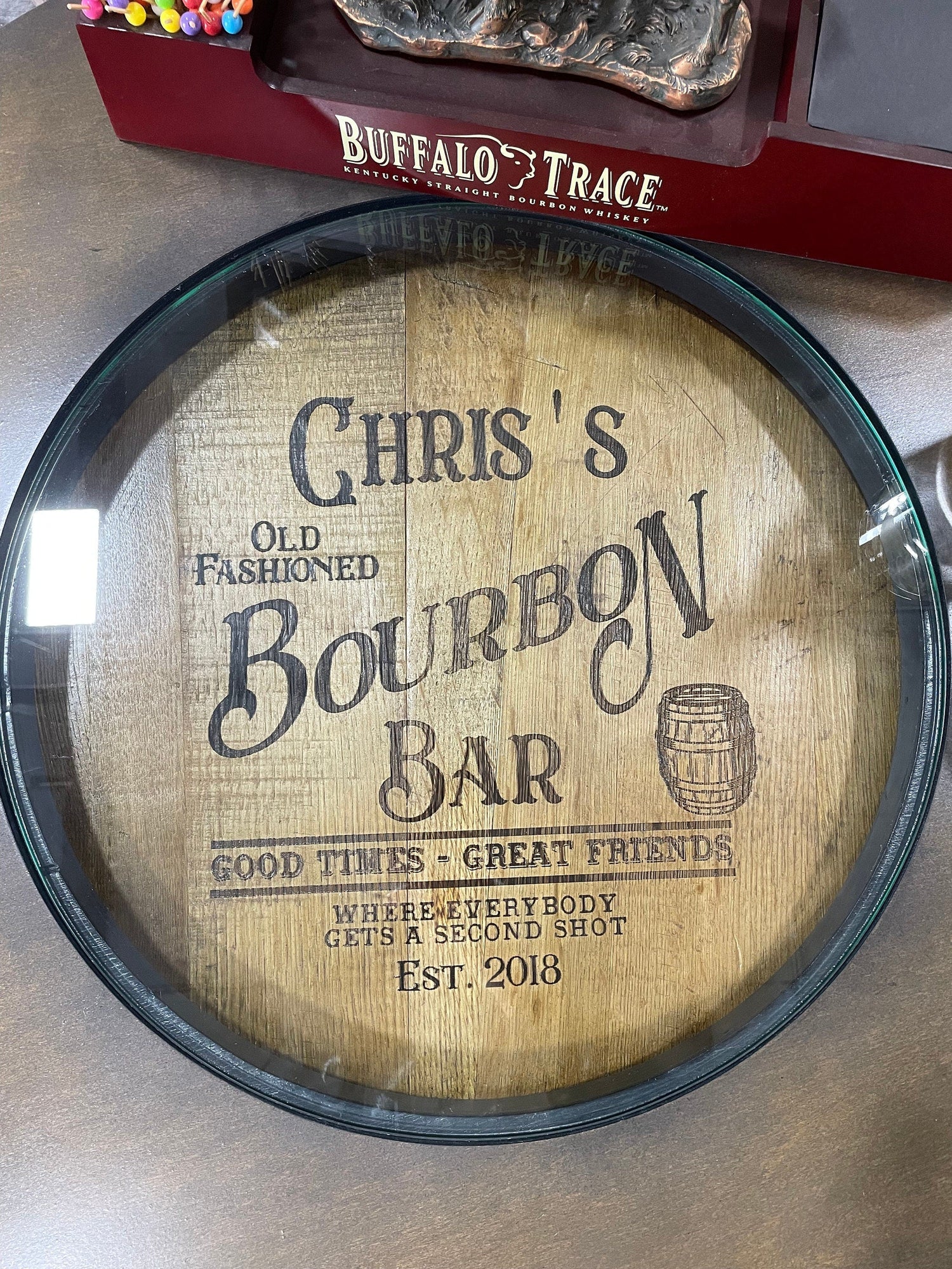 Custom made Bourbon Barrel Bistro/Pub Table Table with cabinet base and glass insert - Custom designed laser engraving available - 10th Mountain Whiskey