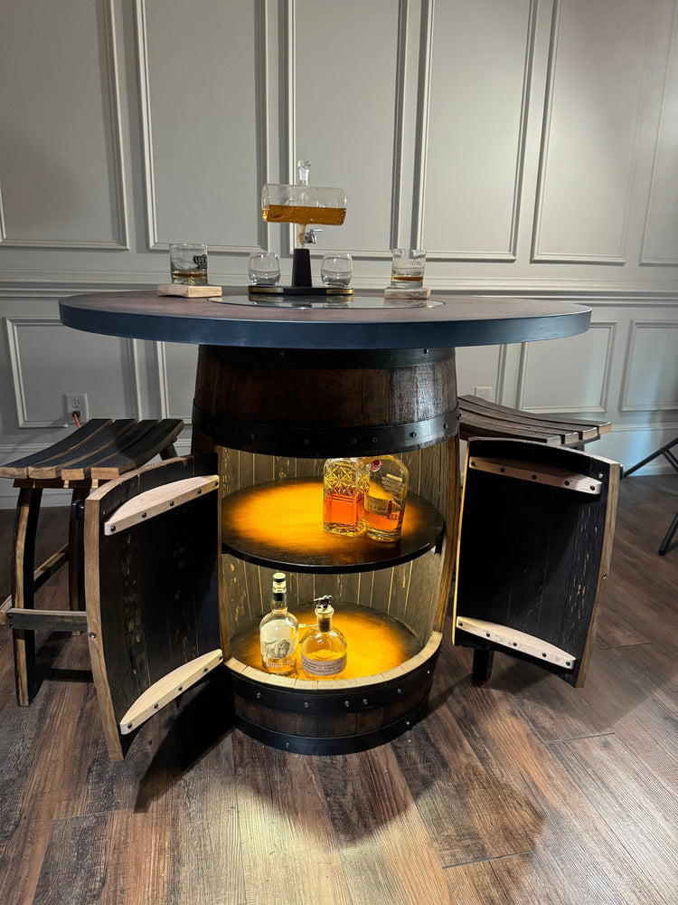 Custom made Bourbon Barrel Bistro/Pub Table Table with cabinet base and glass insert - Custom designed laser engraving available - 10th Mountain Whiskey
