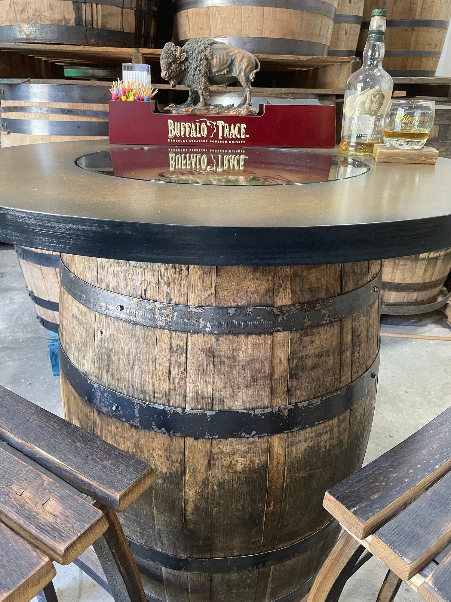 Custom made Bourbon Barrel Bistro/Pub Table Table with cabinet base and glass insert - Custom designed laser engraving available - 10th Mountain Whiskey
