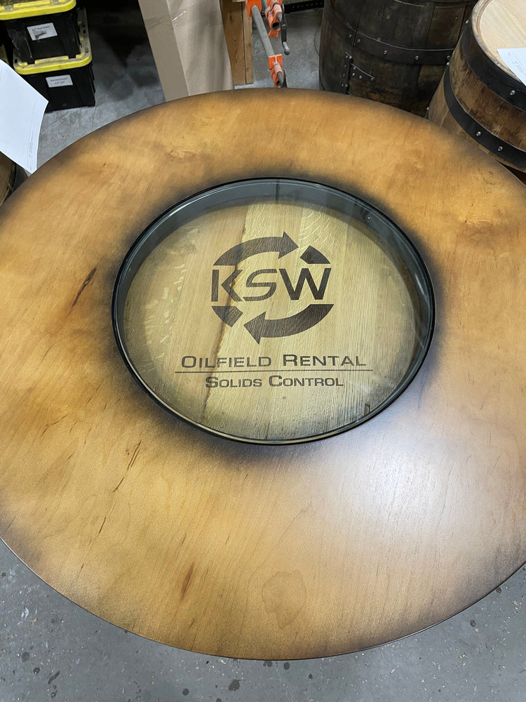 Custom made Bourbon Barrel Bistro/Pub Table Table with cabinet base and glass insert - Custom designed laser engraving available - 10th Mountain Whiskey