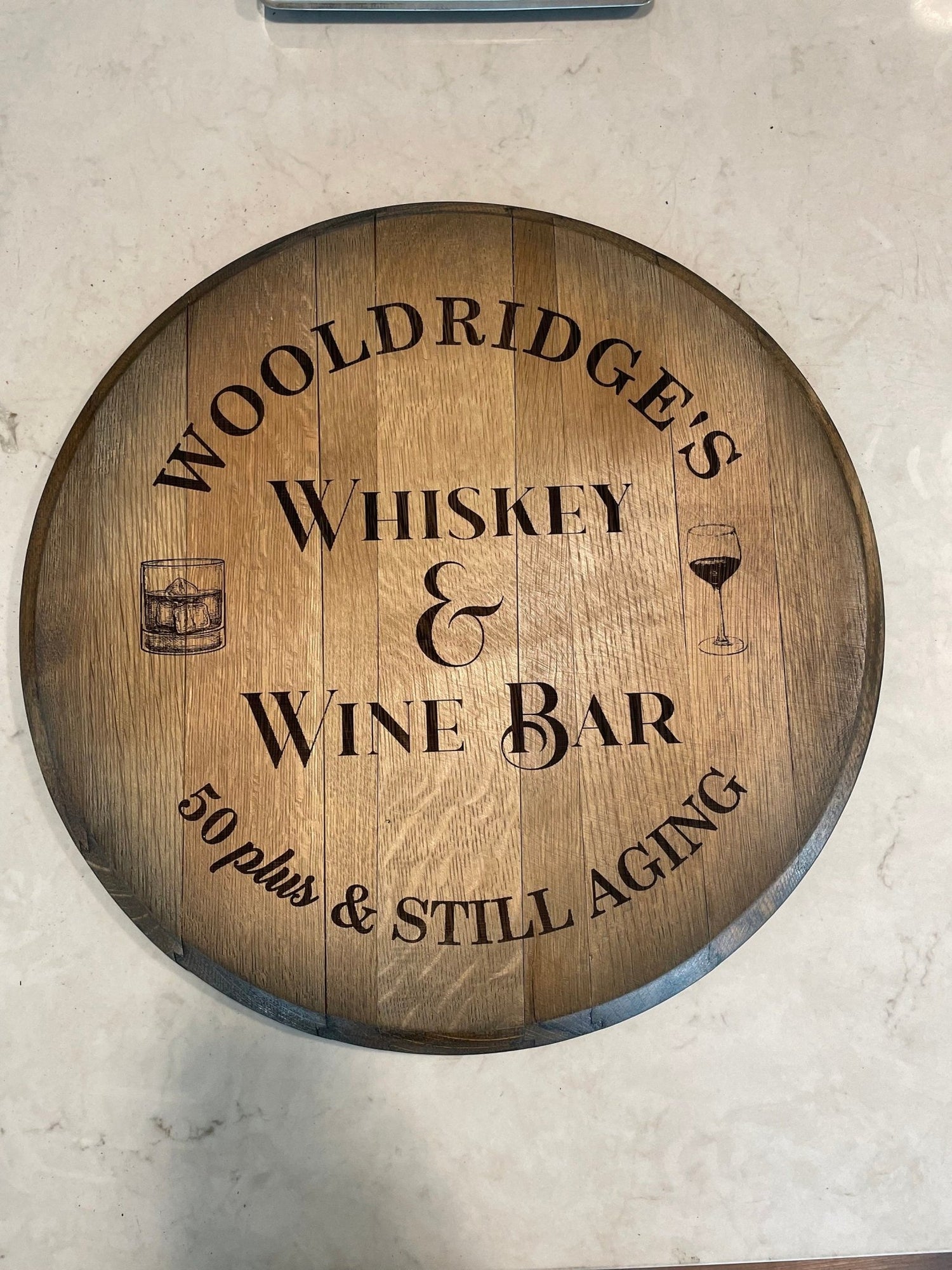 Custom made Bourbon Barrel Bistro/Pub Table Table with glass insert - Custom designed laser engraving available - 10th Mountain Whiskey