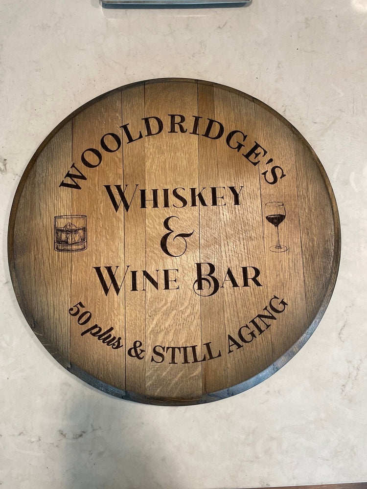 Custom made Bourbon Barrel Bistro/Pub Table Table with glass insert - Custom designed laser engraving available - 10th Mountain Whiskey