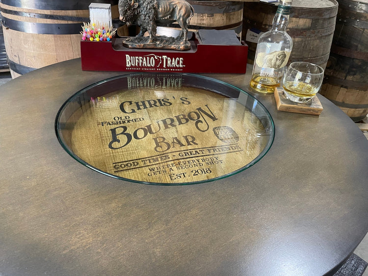 Custom made Bourbon Barrel Bistro/Pub Table Table with glass insert - Custom designed laser engraving available - 10th Mountain Whiskey