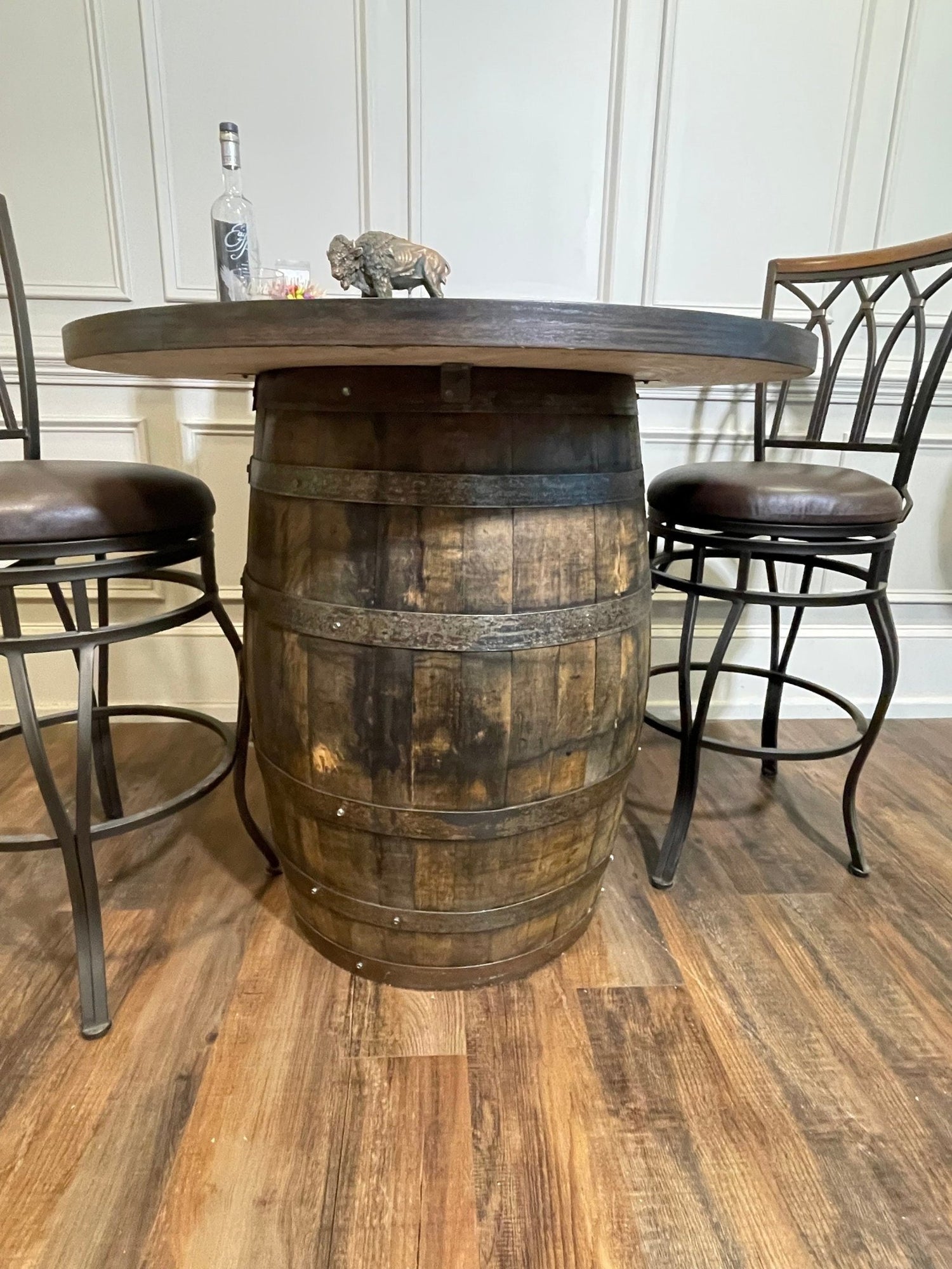Custom made Bourbon Barrel Bistro/Pub Table Table with glass insert - Custom designed laser engraving available - 10th Mountain Whiskey
