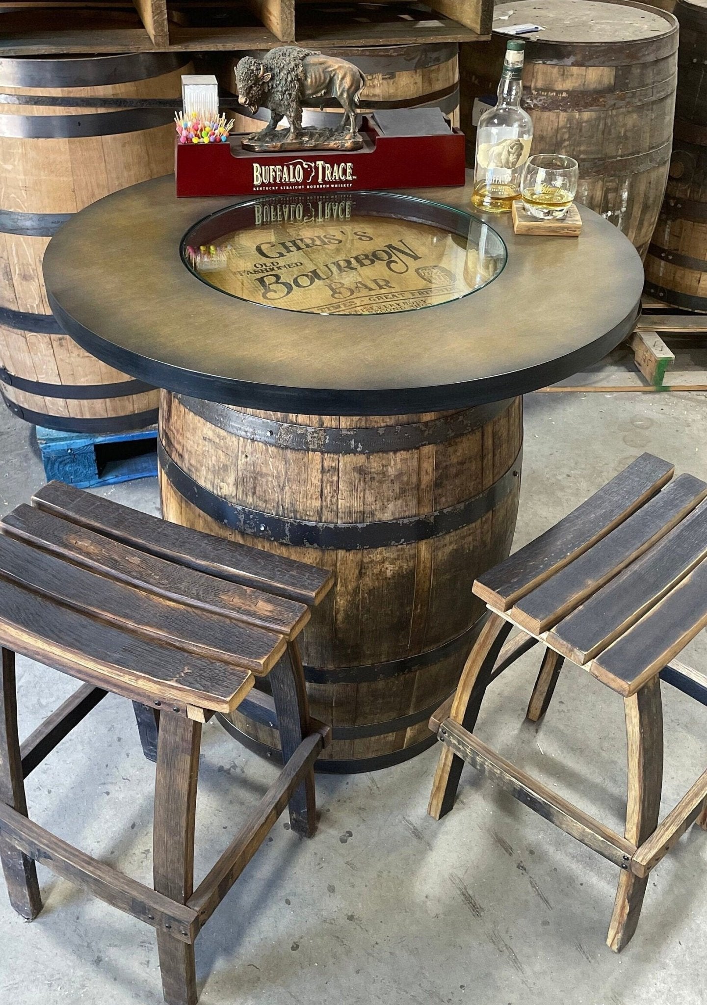Custom made Bourbon Barrel Bistro Pub Table Table glass insert Custom designed laser engraving available